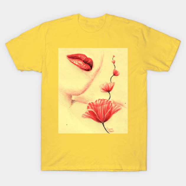 Red lips red poppies T-Shirt by CORinAZONe